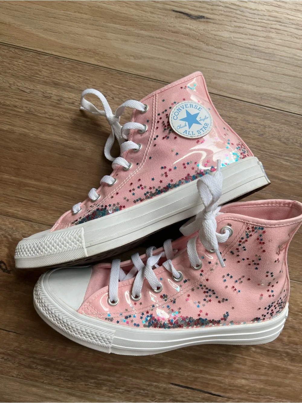 Converse Pink with Star Glitter Confetti High Top Sneakers big girls size 3.5